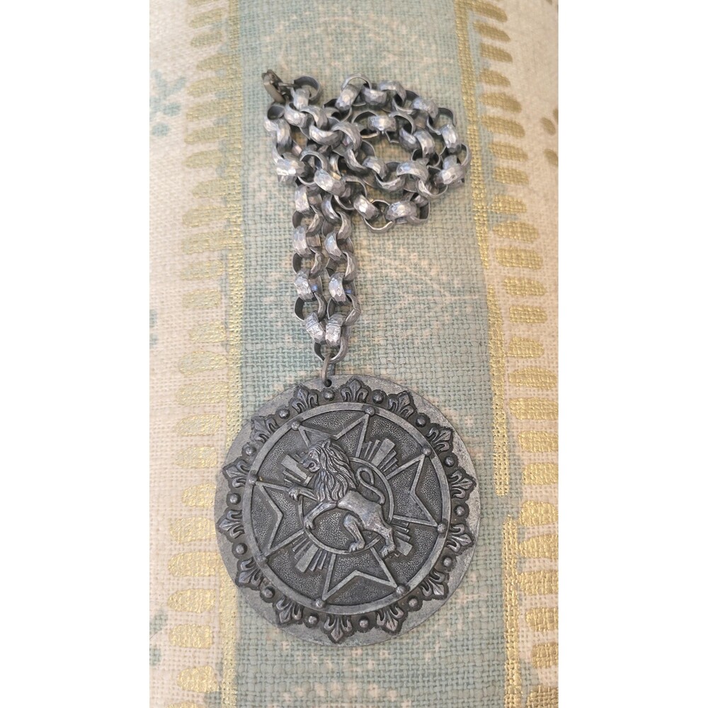 MCM Brutalist Rampant Lion Hammered Aluminum Chain Pendant Necklace